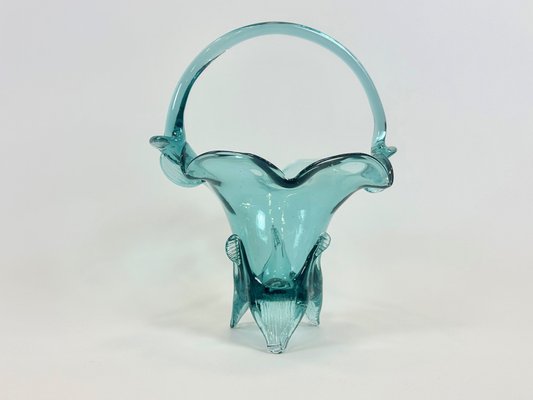 Turquoise Polish Glass Basket from Ząbkowice Glassworks, 1960s-ZCY-2031591