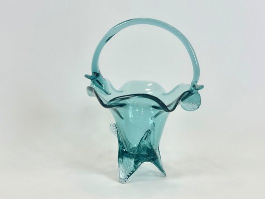 Turquoise Polish Glass Basket from Ząbkowice Glassworks, 1960s-ZCY-2031591