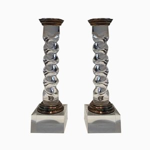 Twisted Candlesticks in Silver Plated Metal and Acrylic Glass, France, 1970s, Set of 2-BA-803684