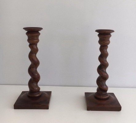 Twisted Wooden Candlesticks, Set of 2-BA-1365772