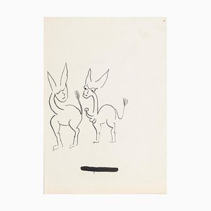 Two Donkeys - China Ink Drawing by Boris Ravitch - Mid 20th Century Mid 20th Century-ZCI-758414