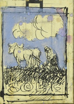 Unknown, Cart with Oxen, Original Pencil and Watercolor on Paper, Early 20th Century-ZCI-808415