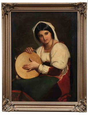 Unknown, Italian Girl with a Tambourine, Original Oil on Canvas, 1900s-ZCI-1379526