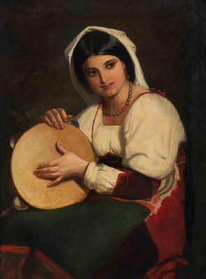 Unknown, Italian Girl with a Tambourine, Original Oil on Canvas, 1900s-ZCI-1379526