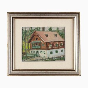 Unknown, Mountain House, Drawing in Tempera, Mid-20th Century, Framed-ZCI-1422421