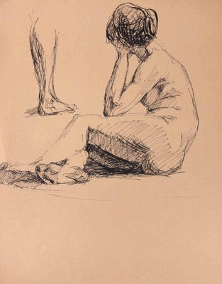 Unknown, Nude of Woman, Original Pen Drawing, Mid-20th Century-ZCI-1384905