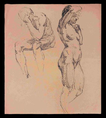 Unknown, Nudes, Original Pen Drawing on Paper, Mid-20th Century-ZCI-1354899