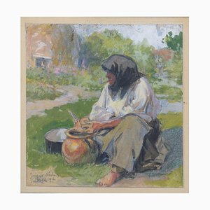 Unknown, Peasant Lady Smoking a Pipe While Working, Watercolour, 1890s, Framed-AOI-1813082