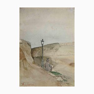 Unknown, The Writer on the Rocks, Original Watercolor, Early 20th Century-ZCI-1379212