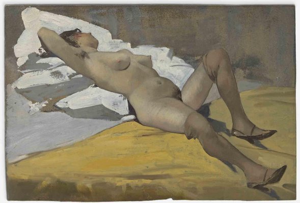 Unknown, Woman Lying Down on White Cloth, Oil Painting, Mid-20th Century-ZCI-1775984