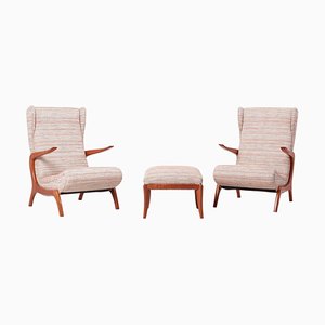 Upholstered Lounge Chair & Stool Set, Italy, 1950s, Set of 3-SFD-728493