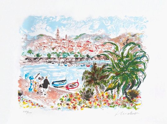 Urbain Huchet, Vue De Menton, 1985, Lithograph on Bfk Rives Paper-FMZ-1129148