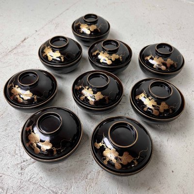 Urushi Maki-E Lidded Rice Bowls, Japan, 1920s, Set of 9-DWL-1699736