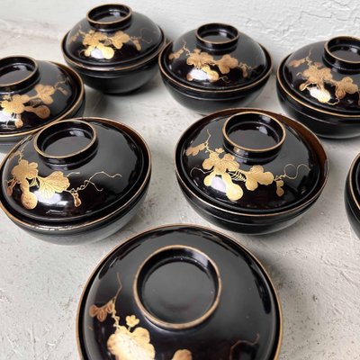 Urushi Maki-E Lidded Rice Bowls, Japan, 1920s, Set of 9-DWL-1699736