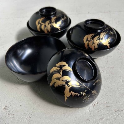 Urushi Maki-E Rice Bowls, Japan, 1910s, Set of 3-DWL-1698151