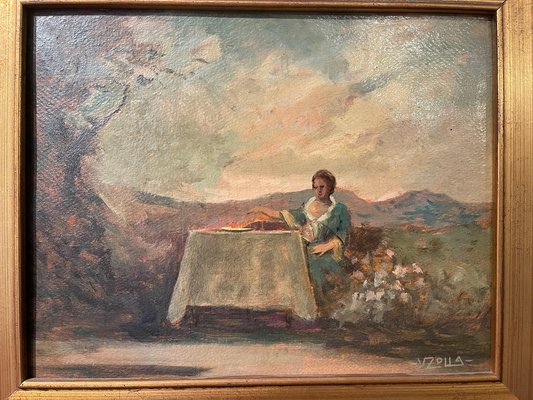 V. Zolla, Woman at the Table, 19th Century, Oil Painting on Cardboard-PKM-1717538