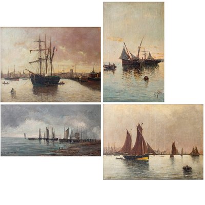 Various Artists, Marine Scenes, 19th Century, Paintings, Set of 4-AOI-2042690