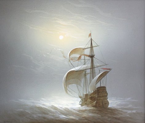 Vasily Hvatov, Sailboat at Full Moon, Oil on Canvas-FNC-2029061