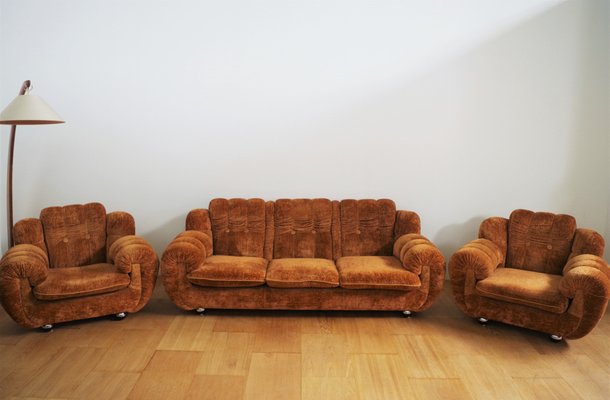 Velvet Lounge Chair and Sofa Set, 1970s, Set of 3-KNM-982702