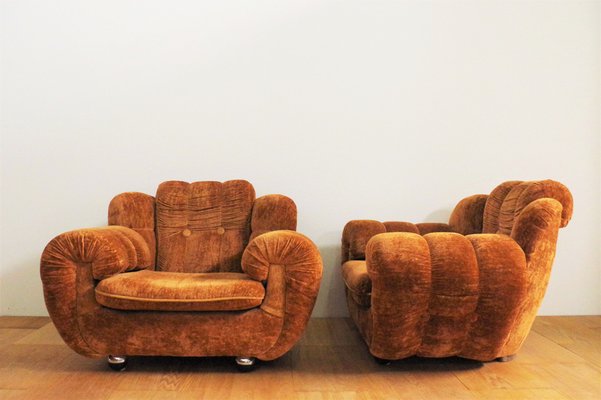 Velvet Lounge Chair and Sofa Set, 1970s, Set of 3-KNM-982702