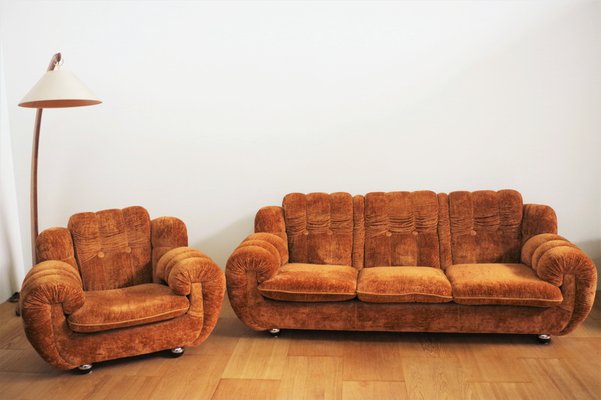 Velvet Lounge Chair and Sofa Set, 1970s, Set of 3-KNM-982702