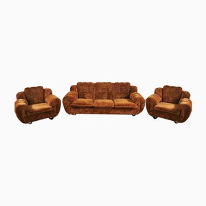 Velvet Lounge Chair and Sofa Set, 1970s, Set of 3-KNM-982702