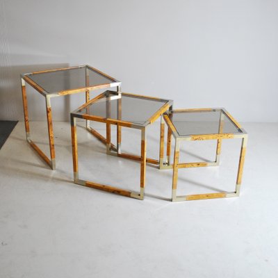 Veneered Wood & Smoked Glass Nesting Tables, 1960s, Set of 3-JQO-1140849