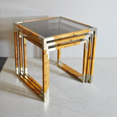 Veneered Wood & Smoked Glass Nesting Tables, 1960s, Set of 3-JQO-1140849