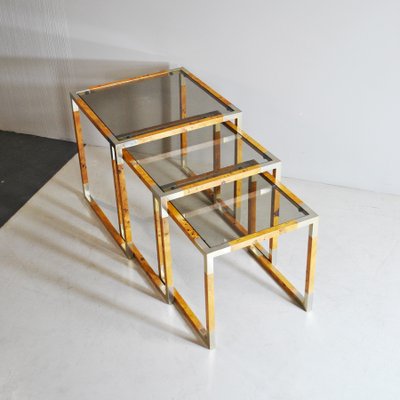 Veneered Wood & Smoked Glass Nesting Tables, 1960s, Set of 3-JQO-1140849