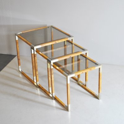 Veneered Wood & Smoked Glass Nesting Tables, 1960s, Set of 3-JQO-1140849