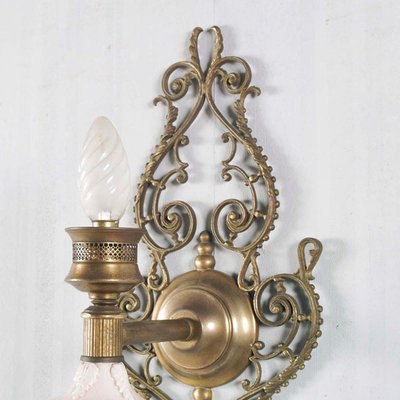 Venetian Art Nouveau Wall Lights in Pink Porcelain, Brass and Bronze from Bassano, Set of 2-NJV-974783