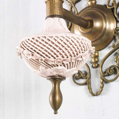 Venetian Art Nouveau Wall Lights in Pink Porcelain, Brass and Bronze from Bassano, Set of 2-NJV-974783