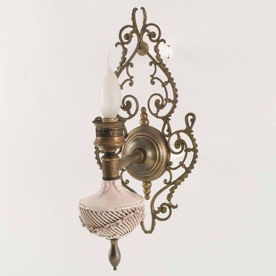 Venetian Art Nouveau Wall Lights in Pink Porcelain, Brass and Bronze from Bassano, Set of 2-NJV-974783