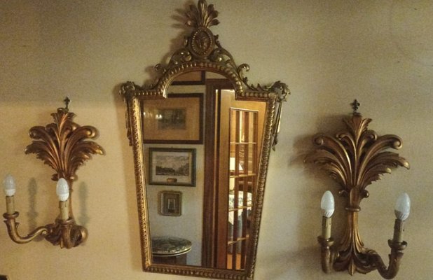 Venetian Gilt Wood Entrance Mirror and Wall Sconces, 1970, Set of 3-ZUW-1799541