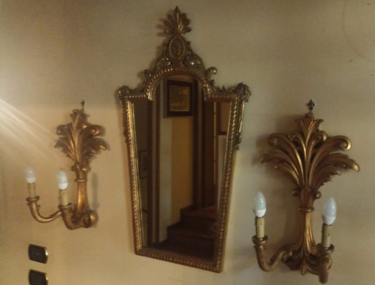 Venetian Gilt Wood Entrance Mirror and Wall Sconces, 1970, Set of 3-ZUW-1799541