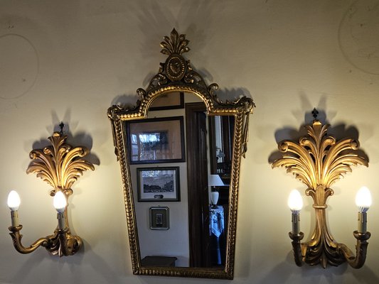 Venetian Gilt Wood Entrance Mirror and Wall Sconces, 1970, Set of 3-ZUW-1799541