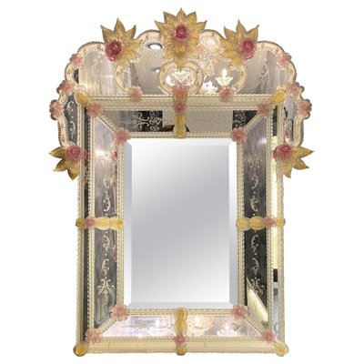 Venetian Murano Glass Mirror with Pink Flowers-MBH-1032399