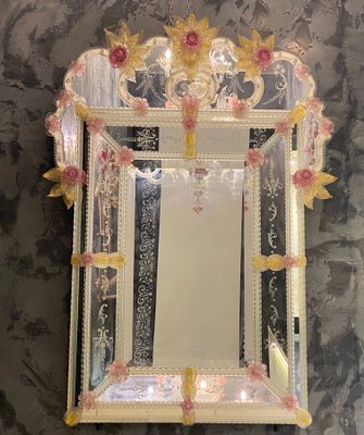 Venetian Murano Glass Mirror with Pink Flowers-MBH-1032399