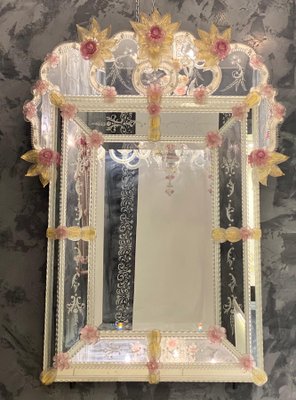 Venetian Murano Glass Mirror with Pink Flowers-MBH-1032399