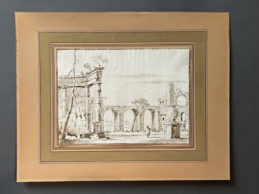 Venetian School Artist, Landscape with Ruins, 1700s, China Ink Drawing-MAX-1399432