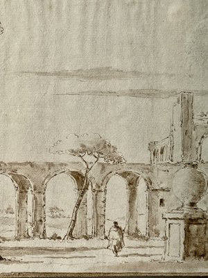 Venetian School Artist, Landscape with Ruins, 1700s, China Ink Drawing-MAX-1399432