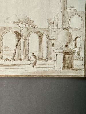 Venetian School Artist, Landscape with Ruins, 1700s, China Ink Drawing-MAX-1399432