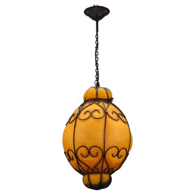 Venetian Style Pâte de Verre Glass Metal Caged Lantern Pendant Light-KEG-1327037