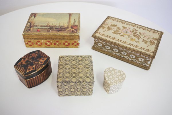 Venice Boxes in Fabric and Wood, 1970s, Set of 5-KNM-944871