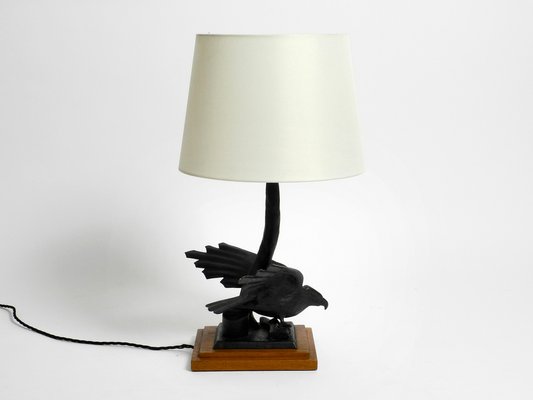 Very Large Iron in the Shape of an Eagle with a Teak Wooden Base Table Lamp, 1940s-RR-1304345