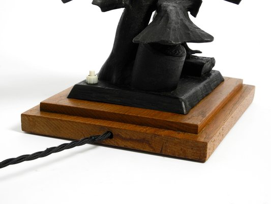 Very Large Iron in the Shape of an Eagle with a Teak Wooden Base Table Lamp, 1940s-RR-1304345