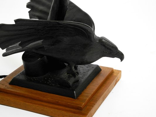 Very Large Iron in the Shape of an Eagle with a Teak Wooden Base Table Lamp, 1940s-RR-1304345