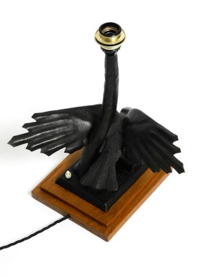 Very Large Iron in the Shape of an Eagle with a Teak Wooden Base Table Lamp, 1940s-RR-1304345