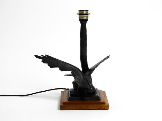 Very Large Iron in the Shape of an Eagle with a Teak Wooden Base Table Lamp, 1940s-RR-1304345