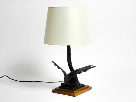 Very Large Iron in the Shape of an Eagle with a Teak Wooden Base Table Lamp, 1940s-RR-1304345